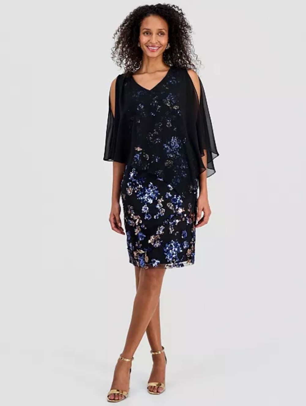 Sl Fashions Sequined Chiffon-Overlay Dress - BLUE BLACK- 16
